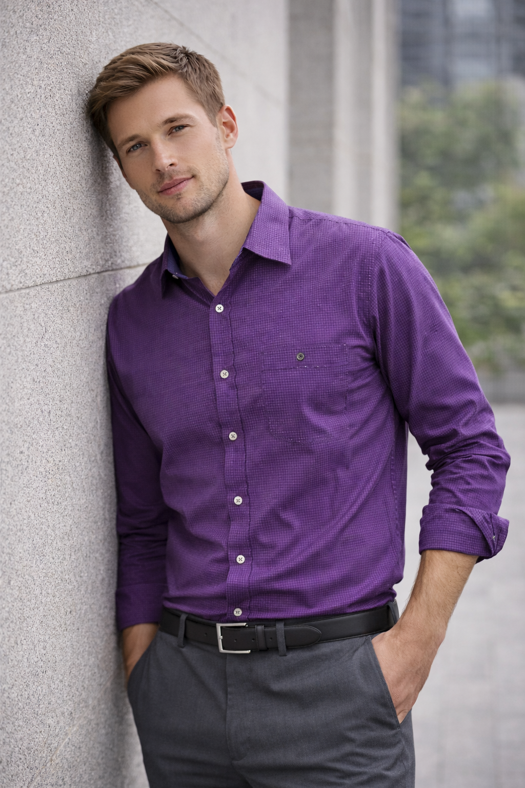 Calvin Klein Purple Micro-Check Slim Fit Button-Down Shirt – XL (97% Cotton Stretch)