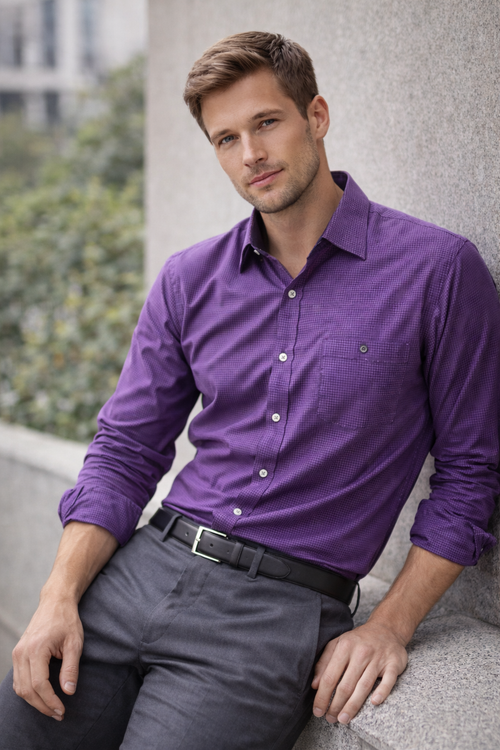 Calvin Klein Purple Micro-Check Slim Fit Button-Down Shirt – XL (97% Cotton Stretch)