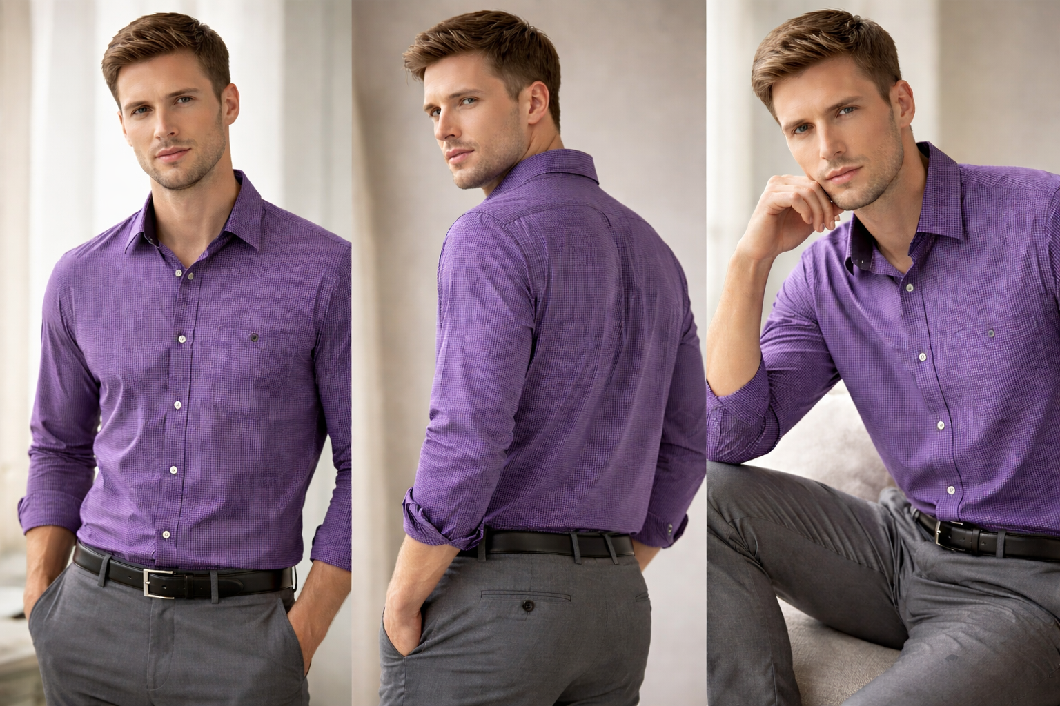 Calvin Klein Purple Micro-Check Slim Fit Button-Down Shirt – XL (97% Cotton Stretch)