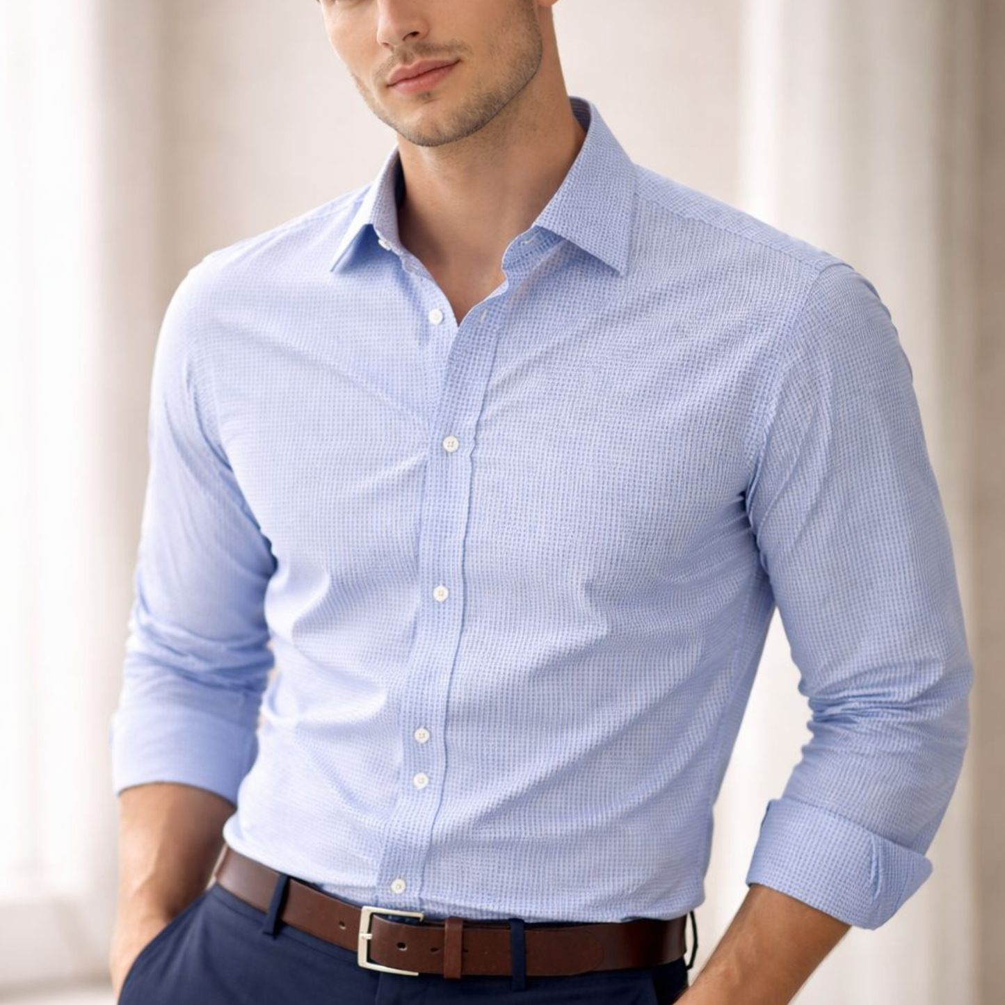 Tommy Hilfiger Blue Micro-Check Button-Down Dress Shirt – Size L (16–16.5 / 34–35)