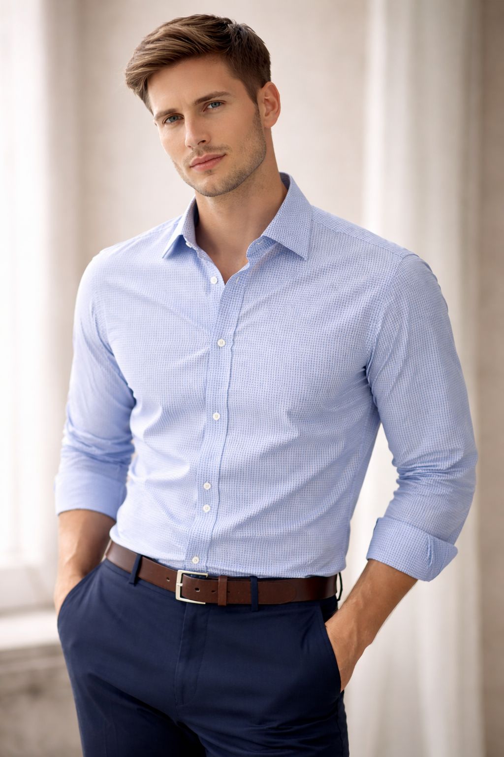 Tommy Hilfiger Blue Micro-Check Button-Down Dress Shirt – Size L (16–16.5 / 34–35)